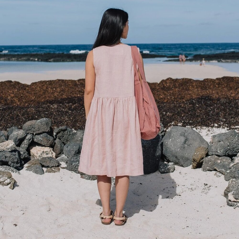 notPERFECTLINEN loose midi smock dress in grey/blue linen, size S